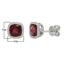 Load image into Gallery viewer, Sterling Silver &amp; Amethyst, Garnet or Blue Topaz Petite Double Milgrain Checkerboard-Cushion-Cut Halo Stud Earrings
