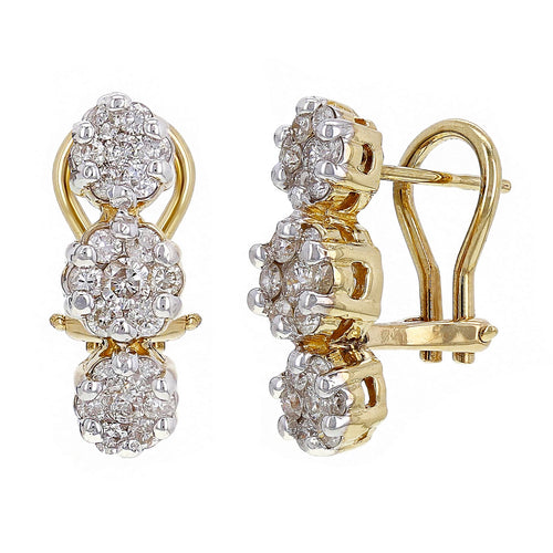 14k Yellow Gold 1ctw Diamond Triple Tier Cluster Drop Earrings