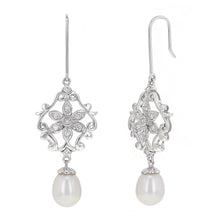 Load image into Gallery viewer, 14k White Gold 1/4ctw Diamond &amp; Pearl Drop Chandelier Earrings