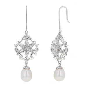 14k White Gold 1/4ctw Diamond & Pearl Drop Chandelier Earrings