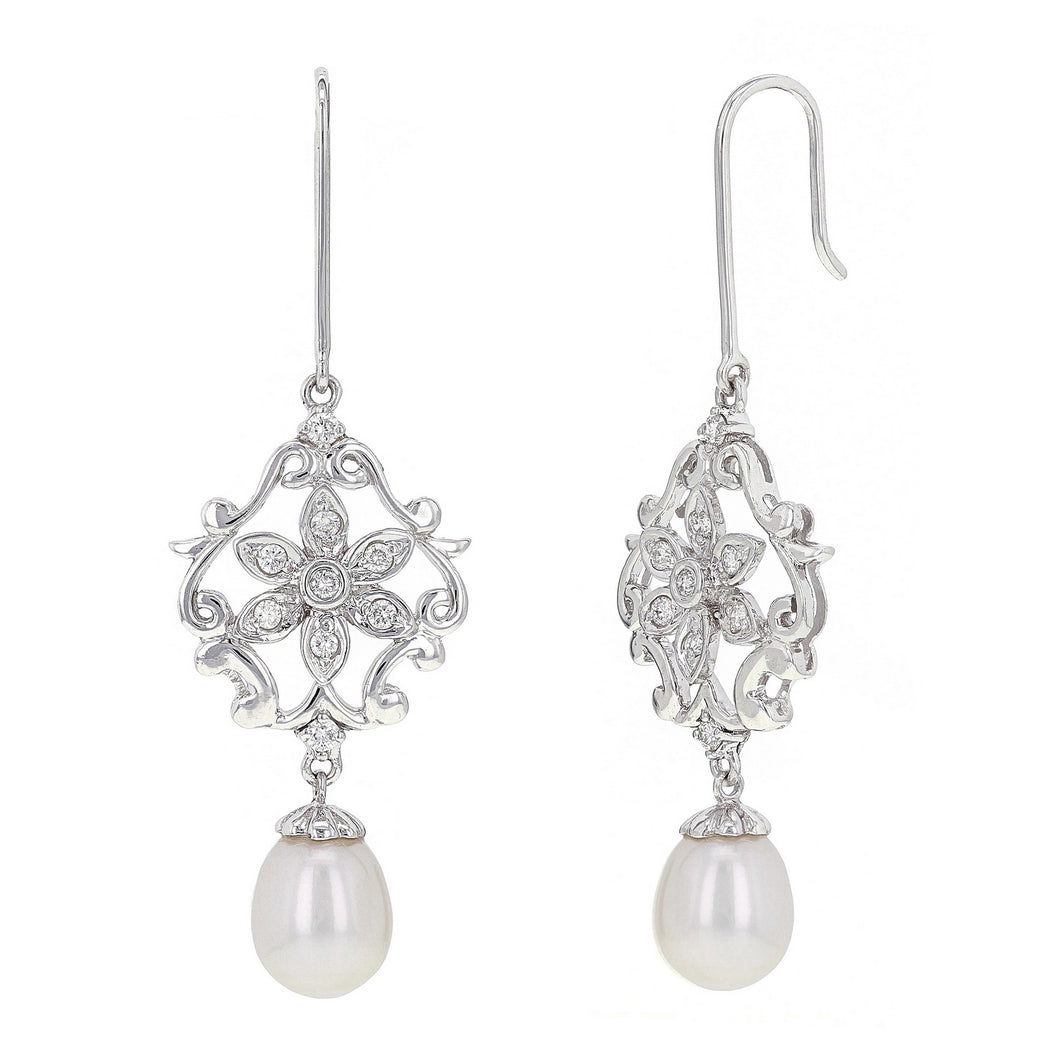 14k White Gold 1/4ctw Diamond & Pearl Drop Chandelier Earrings