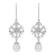 Load image into Gallery viewer, 14k White Gold 1/4ctw Diamond &amp; Pearl Drop Chandelier Earrings