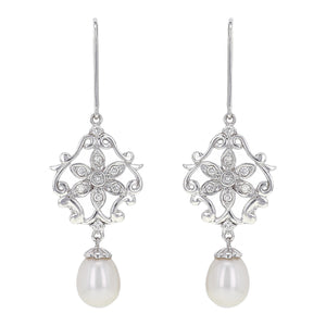 14k White Gold 1/4ctw Diamond & Pearl Drop Chandelier Earrings