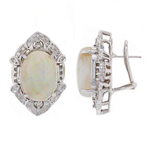 Load image into Gallery viewer, 14k White Gold 0.35ctw Diamond &amp; White Opal Omega Back Earrings