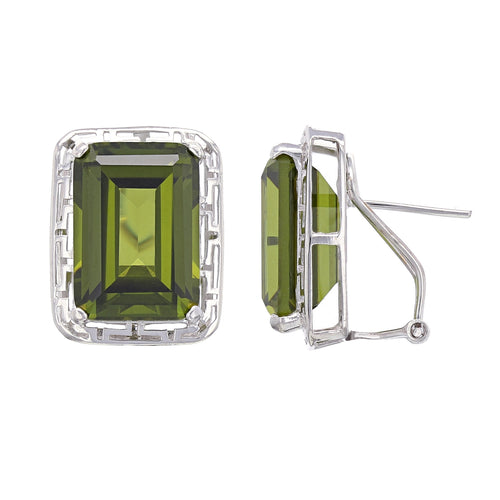 14k White Gold 18ctw Emerald Cut Synthetic Peridot Greek Omega Back Earrings