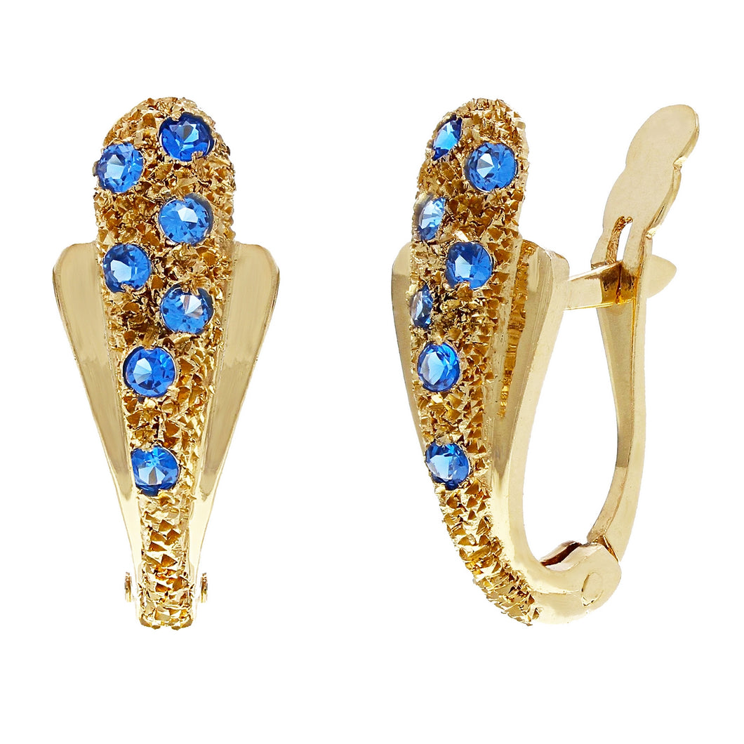 14k Yellow Gold Blue Sparkling Crystal Pave Hinged Fashion Earrings