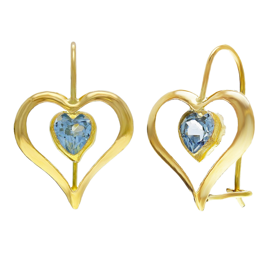 14k Yellow Gold Blue Crystal Heart Dangle Kidney Wire Earrings