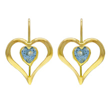 Load image into Gallery viewer, 14k Yellow Gold Blue Crystal Heart Dangle Kidney Wire Earrings