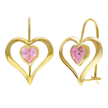 Load image into Gallery viewer, 14k Yellow Gold Pink Ice Crystal Heart Dangle Kidney Wire Earrings