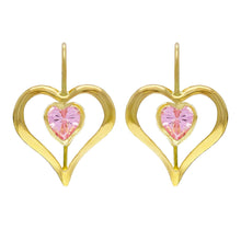 Load image into Gallery viewer, 14k Yellow Gold Pink Ice Crystal Heart Dangle Kidney Wire Earrings