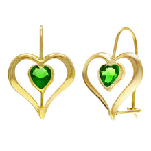 Load image into Gallery viewer, 14k Yellow Gold Vibrant Green Crystal Heart Dangle Earrings