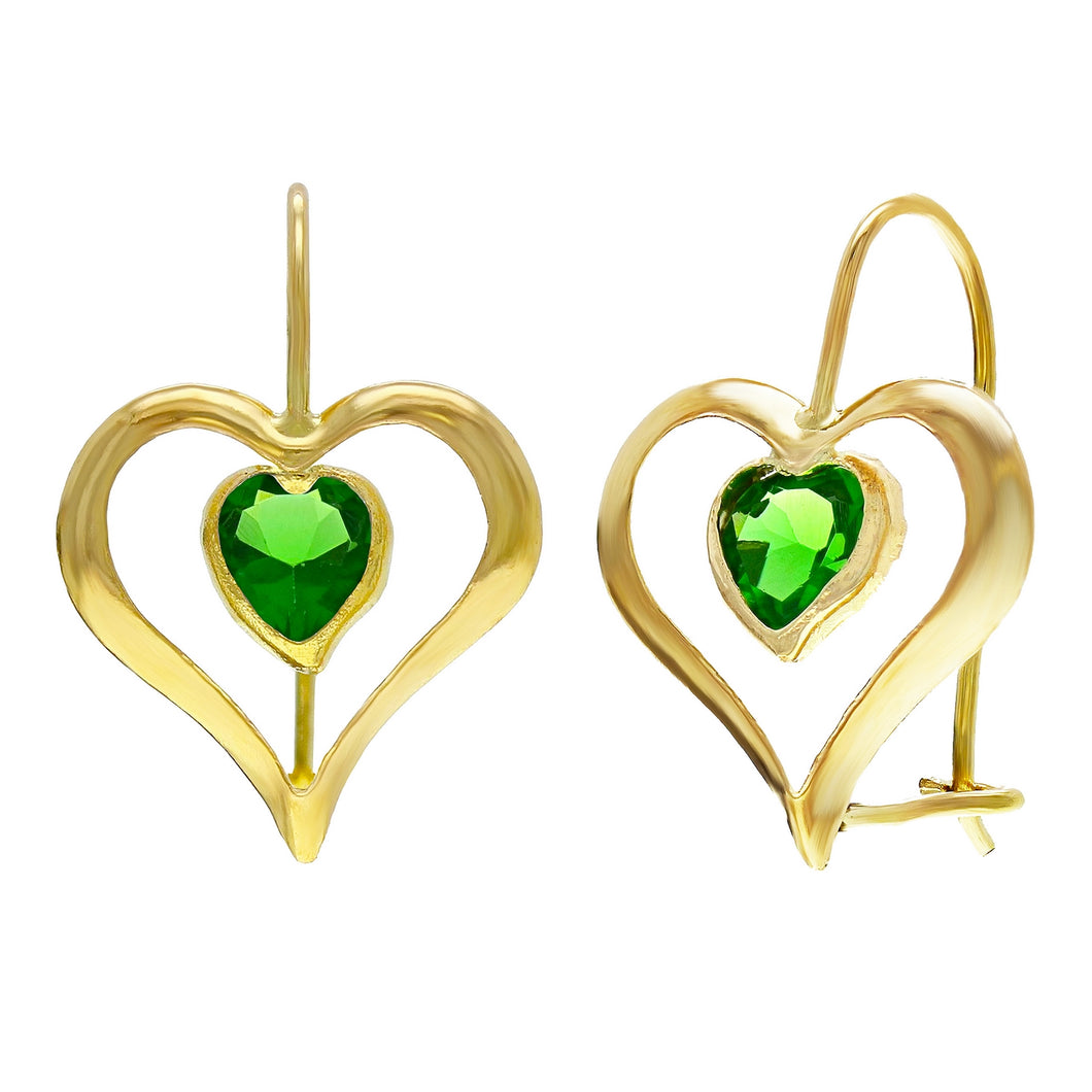 14k Yellow Gold Vibrant Green Crystal Heart Dangle Earrings