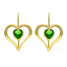 Load image into Gallery viewer, 14k Yellow Gold Vibrant Green Crystal Heart Dangle Earrings