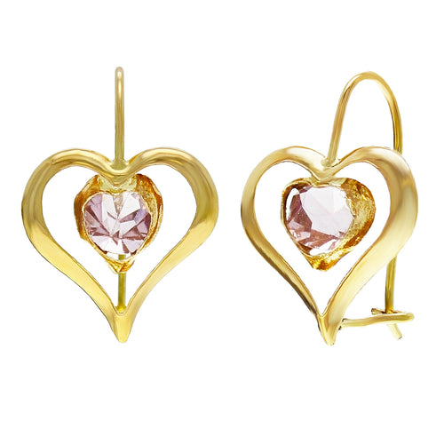 14k Yellow Gold Lavender Crystal Heart Dangle Kidney Wire Earrings