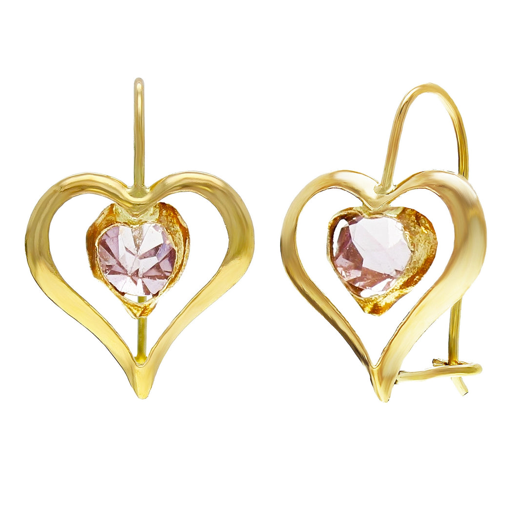 14k Yellow Gold Lavender Crystal Heart Dangle Kidney Wire Earrings