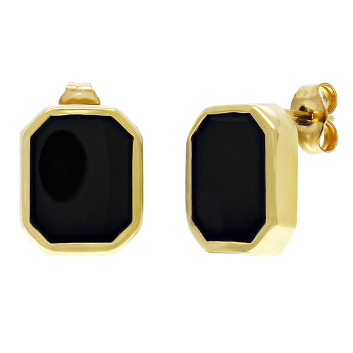 14k Yellow Gold Retro-Modern Geometric Black Onyx Stud Earrings