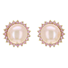 Load image into Gallery viewer, 14k Yellow Gold 11.50mm Pearl &amp; 1/3ctw Pink Sapphire Earrings