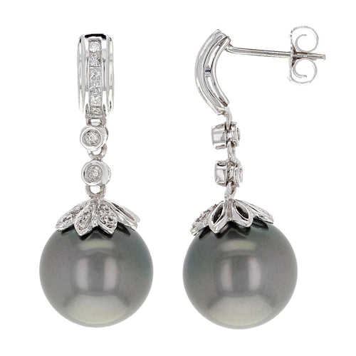14k White Gold 12.50mm Black Cultured Tahitian Pearl & 1/4ctw Diamond Earrings