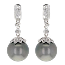 Load image into Gallery viewer, 14k White Gold 12.50mm Black Cultured Tahitian Pearl &amp; 1/4ctw Diamond Earrings