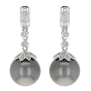 14k White Gold 12.50mm Black Cultured Tahitian Pearl & 1/4ctw Diamond Earrings
