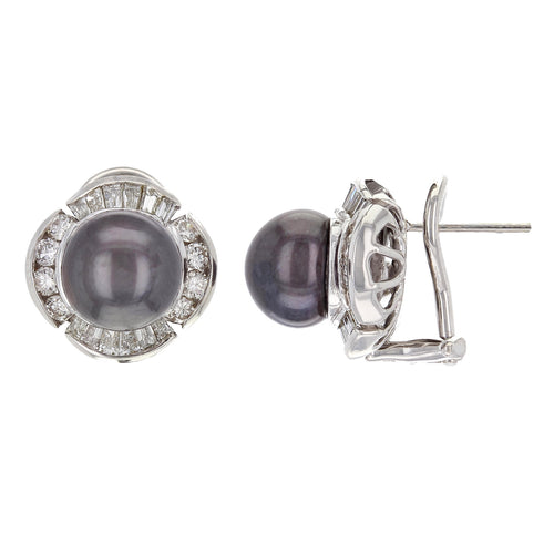 18k Gold 9.50mm Black Cultured Tahitian Pearl & 1.12ctw Diamond Stud Earrings