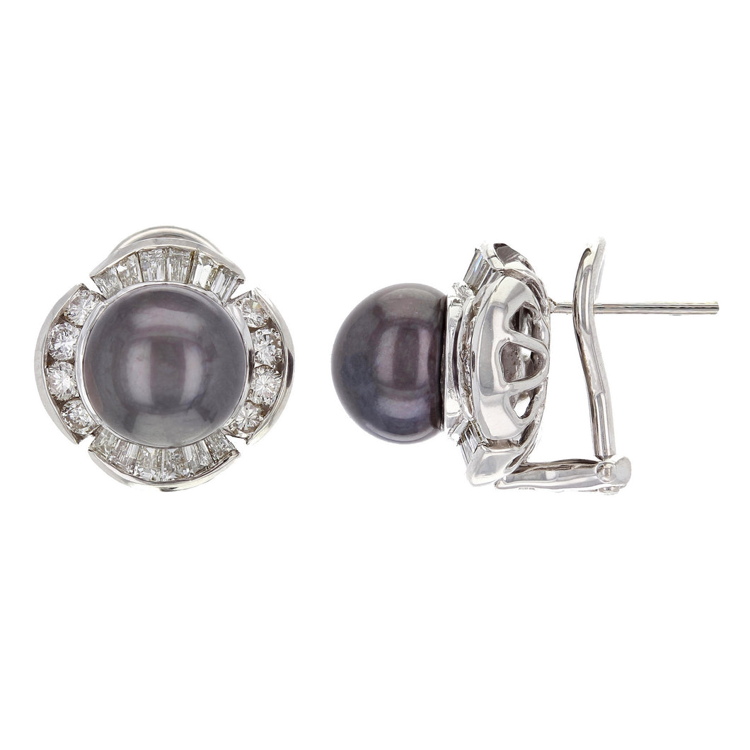 18k Gold 9.50mm Black Cultured Tahitian Pearl & 1.12ctw Diamond Stud Earrings
