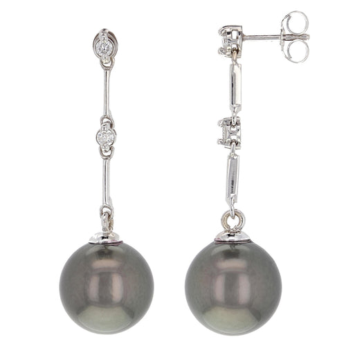 14k White Gold 11.50mm Black Cultured Tahitian Pearl & 0.10ctw Diamond Earrings