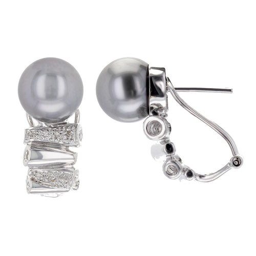 14k White Gold 9.500mm Black Pearl & 0.10ctw Diamond Drop Earrings