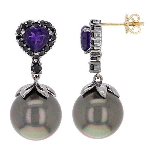 14k White Gold 1.80ctw Black Diamond, Amethyst & 13.00mm Pearl Earrings