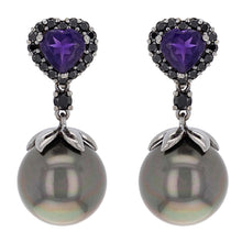 Load image into Gallery viewer, 14k White Gold 1.80ctw Black Diamond, Amethyst &amp; 13.00mm Pearl Earrings