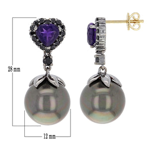 14k White Gold 1.80ctw Black Diamond, Amethyst & 13.00mm Pearl Earrings