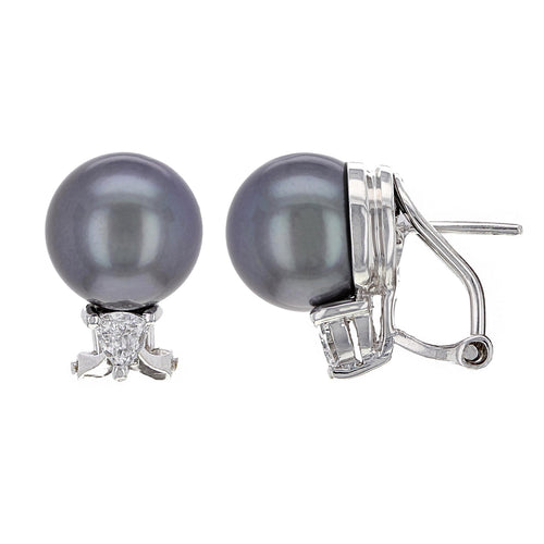 18k White Gold 1/2ctw Diamond & 11.50mm Black Cultured Tahitian Pearl Earrings