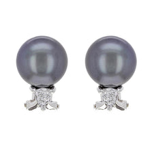 Load image into Gallery viewer, 18k White Gold 1/2ctw Diamond &amp; 11.50mm Black Cultured Tahitian Pearl Earrings