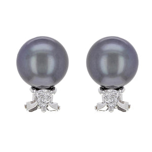 18k White Gold 1/2ctw Diamond & 11.50mm Black Cultured Tahitian Pearl Earrings