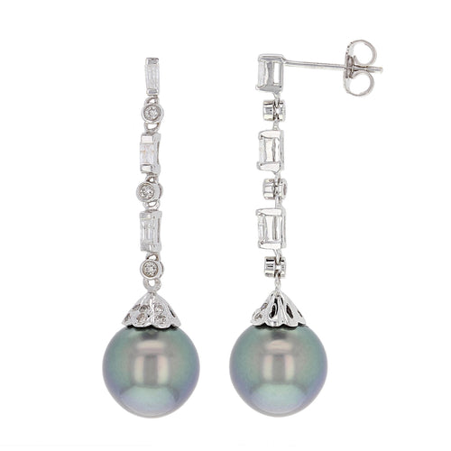 14k White Gold 0.64ctw Diamond & 11.50mm Black Cultured Tahitian Pearl Earrings