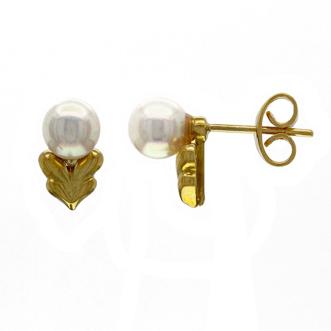 18k Yellow Gold 6.50mm White Cultured Pearl Leaf Stud Earrings