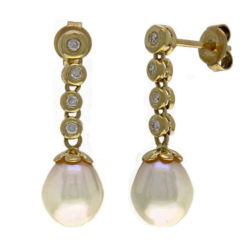 14k Yellow Gold 0.13ctw Diamond & 7.50mm White Cultured Pearl Drop Earrings