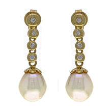 Load image into Gallery viewer, 14k Yellow Gold 0.13ctw Diamond &amp; 7.50mm White Cultured Pearl Drop Earrings