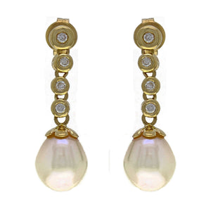14k Yellow Gold 0.13ctw Diamond & 7.50mm White Cultured Pearl Drop Earrings