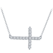 Load image into Gallery viewer, 14k White Gold and Diamond Sideways Horizontal Cross Stationary Pendant Necklace (1.0 cttw, H-I Color, I2-I3 Clarity), 18&quot;