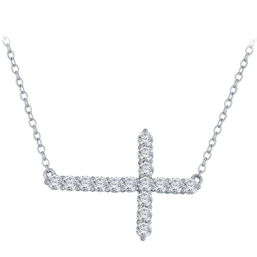 14k White Gold and Diamond Sideways Horizontal Cross Stationary Pendant Necklace (1.0 cttw, H-I Color, I2-I3 Clarity), 18