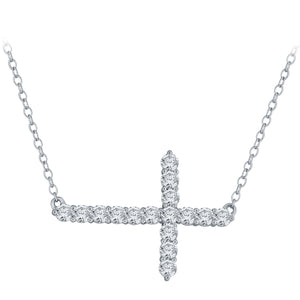 14k White Gold and Diamond Sideways Horizontal Cross Stationary Pendant Necklace (1.0 cttw, H-I Color, I2-I3 Clarity), 18"