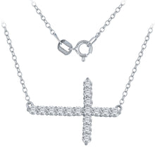 Load image into Gallery viewer, 14k White Gold and Diamond Sideways Horizontal Cross Stationary Pendant Necklace (1.0 cttw, H-I Color, I2-I3 Clarity), 18&quot;