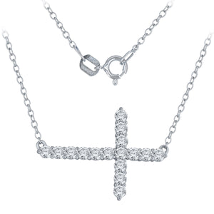 14k White Gold and Diamond Sideways Horizontal Cross Stationary Pendant Necklace (1.0 cttw, H-I Color, I2-I3 Clarity), 18"