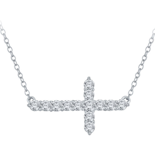 14k White Gold and Diamond Sideways Horizontal Cross Stationary Pendant Necklace (0.75 cttw, H-I Color, I2-I3 Clarity), 18