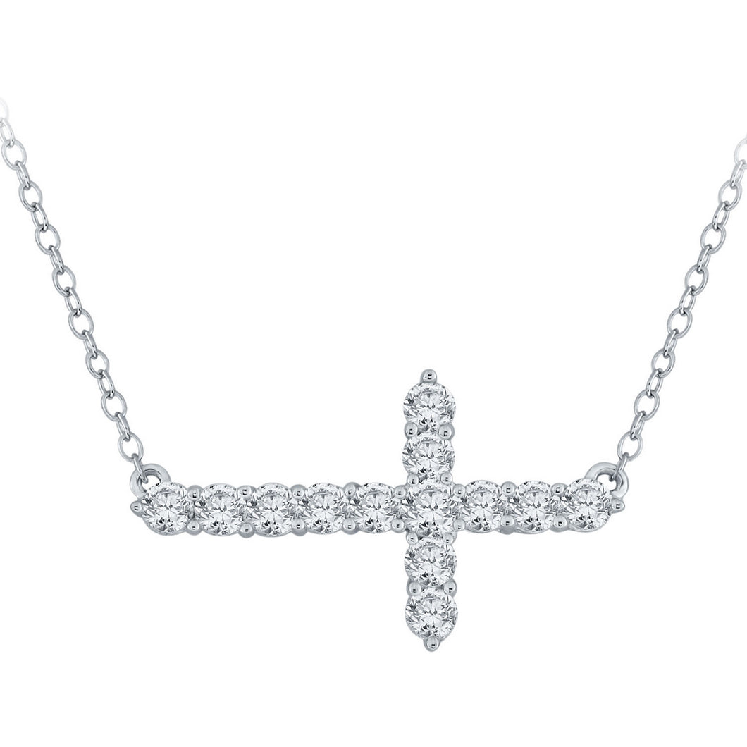 14k White Gold and Diamond Sideways Horizontal Cross Stationary Pendant Necklace (0.75 cttw, H-I Color, I2-I3 Clarity), 18