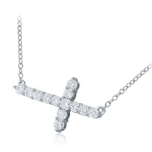 Load image into Gallery viewer, 14k White Gold and Diamond Sideways Horizontal Cross Stationary Pendant Necklace (0.75 cttw, H-I Color, I2-I3 Clarity), 18&quot;