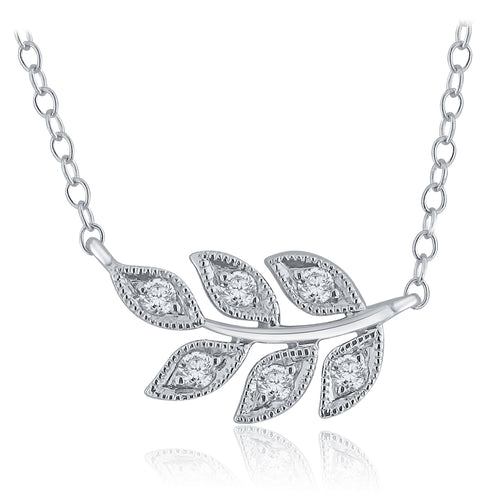 14k White Gold Diamond-Accented Horizontal Leaf Branch Shaped Suspended Pendant Necklace (0.13 cttw, H-I Color, I1-I2 Clarity), 18