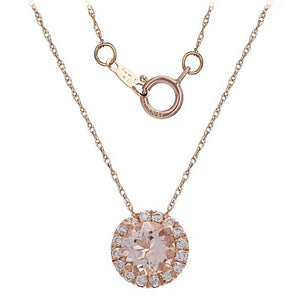 14k Rose Gold, Morganite & 0.15 Cttw Diamond Petite 3/8" Pendant Necklace, 18" (H-I Color, I1-I2 Clarity)
