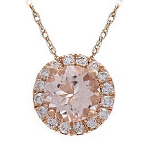 14k Rose Gold, Morganite & 0.15 Cttw Diamond Petite 3/8" Pendant Necklace, 18" (H-I Color, I1-I2 Clarity)